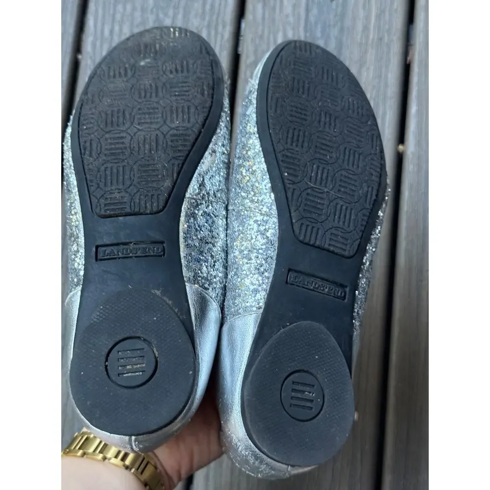 Lands’ End Girl’s US 4M Silver Sparkle Cameron Classic Captoe Ballet Flats Shoes